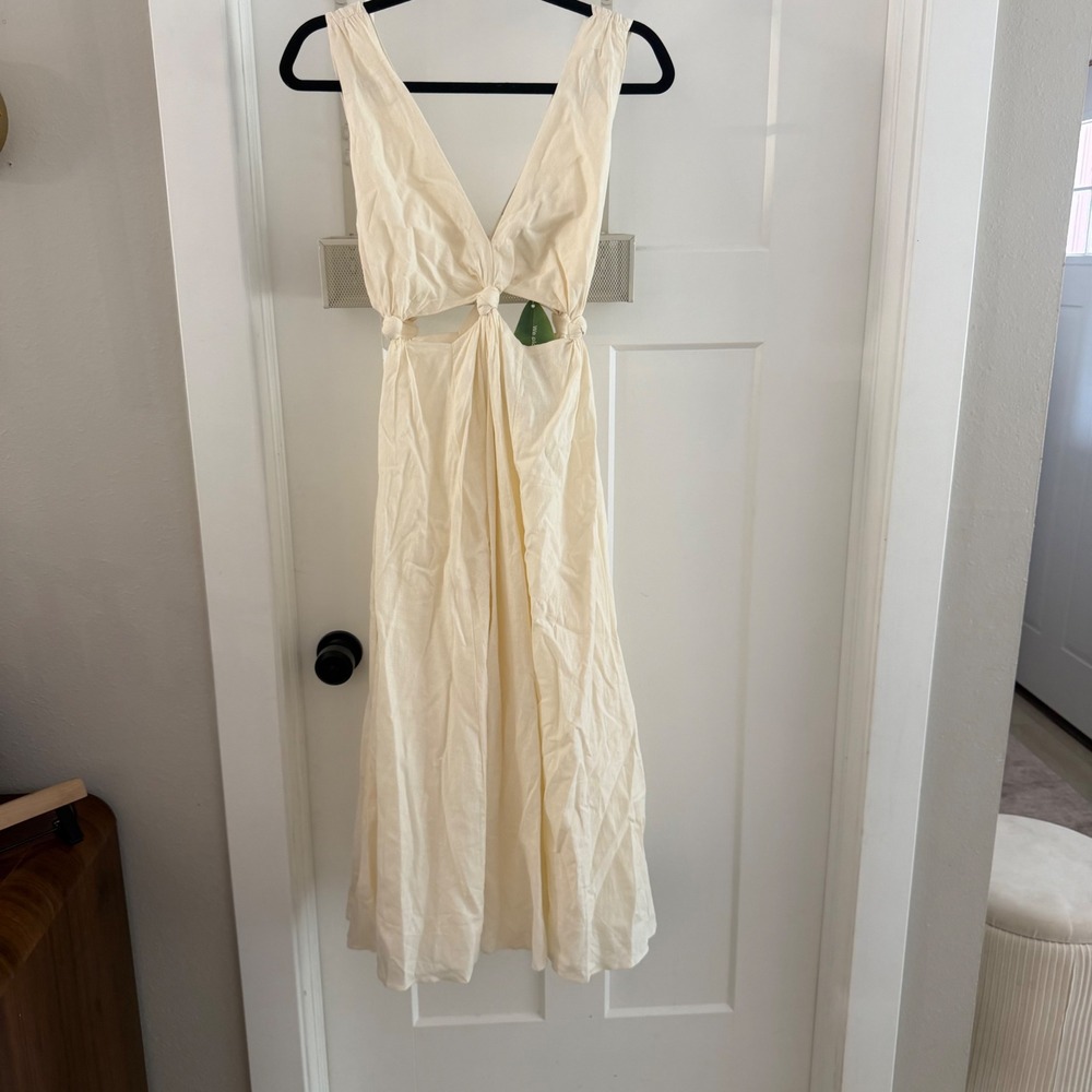 Farm Rio White Cutout Midi Dress Linen Blend Knot Waist XS Boho Bridal Coastal